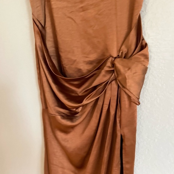 NWOT Celebrated Elegance Bronze Satin Twist-Front Maxi Dress - Picture 5 of 8